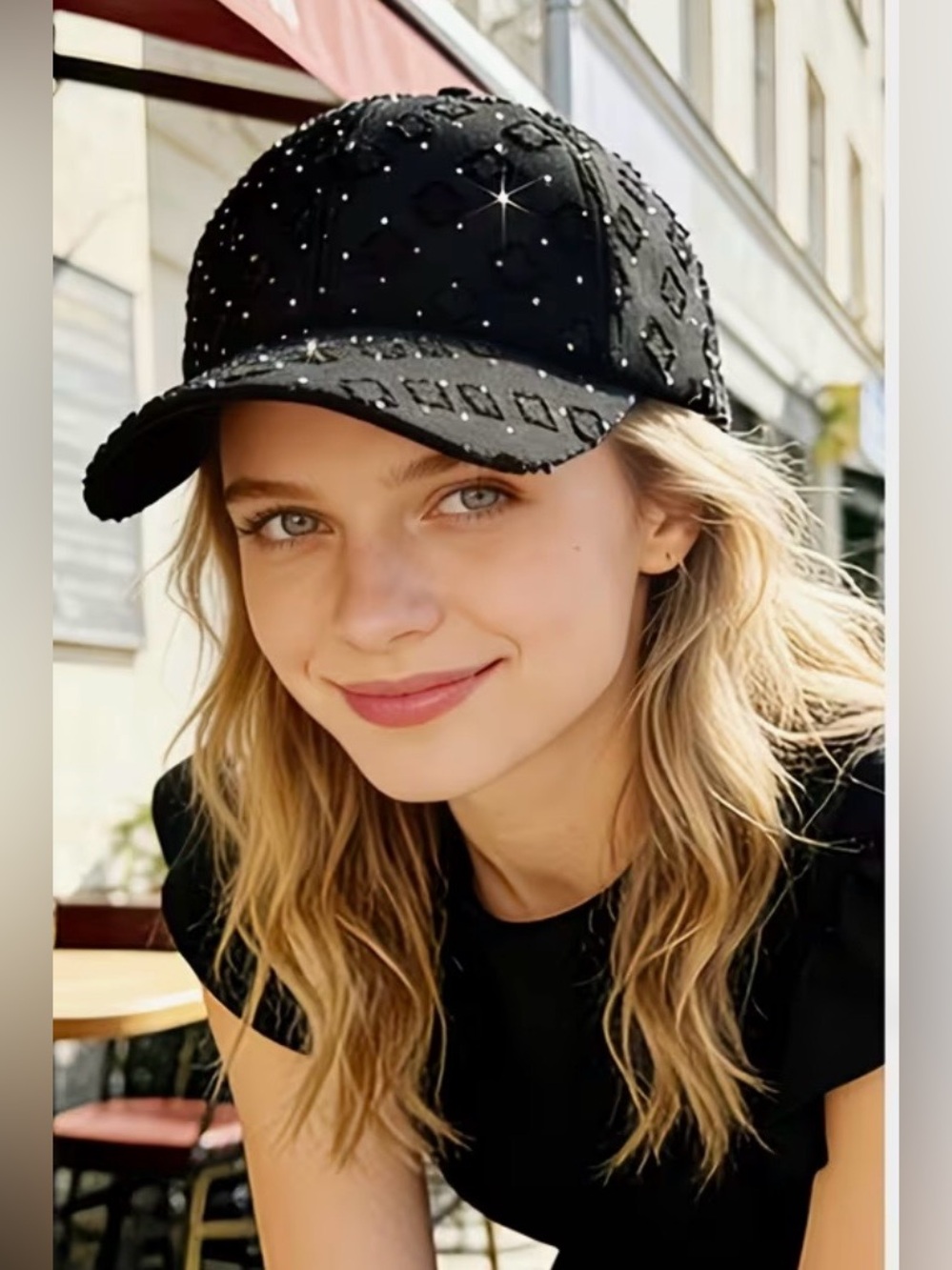 NWT Black baseball cap decorated with small silver rhinestones in a scattered do